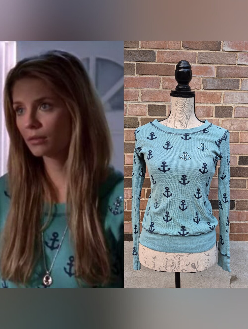 ASO The OC Marissa Cooper Primp Anchor Print Waffle Knit Henley Teal XS